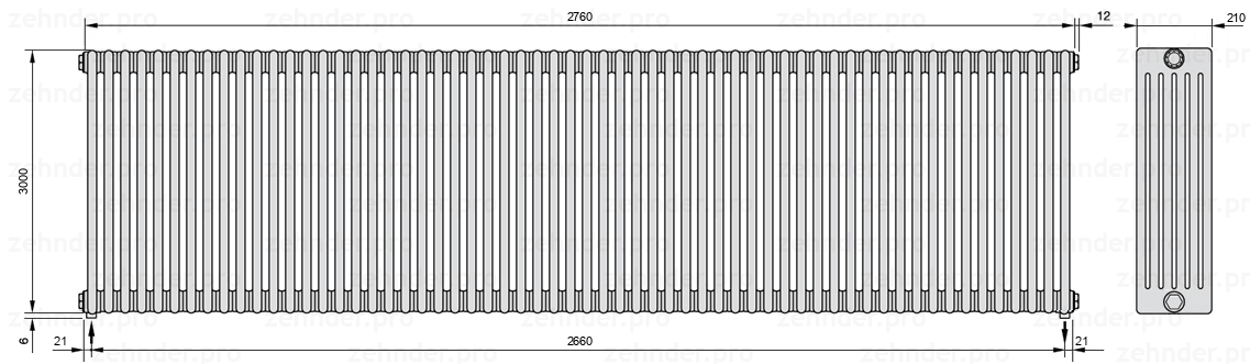 Схема (чертеж) Радиатор Zehnder Charleston 6300/60 №3570 Белый глянцевый RAL 9016